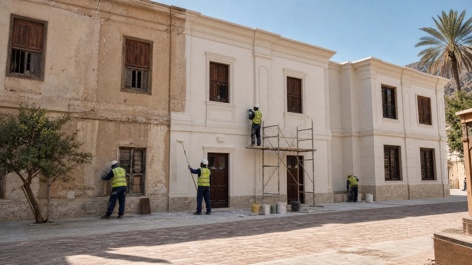 أعمال ترميم وتشطيب لواجهة مبنى